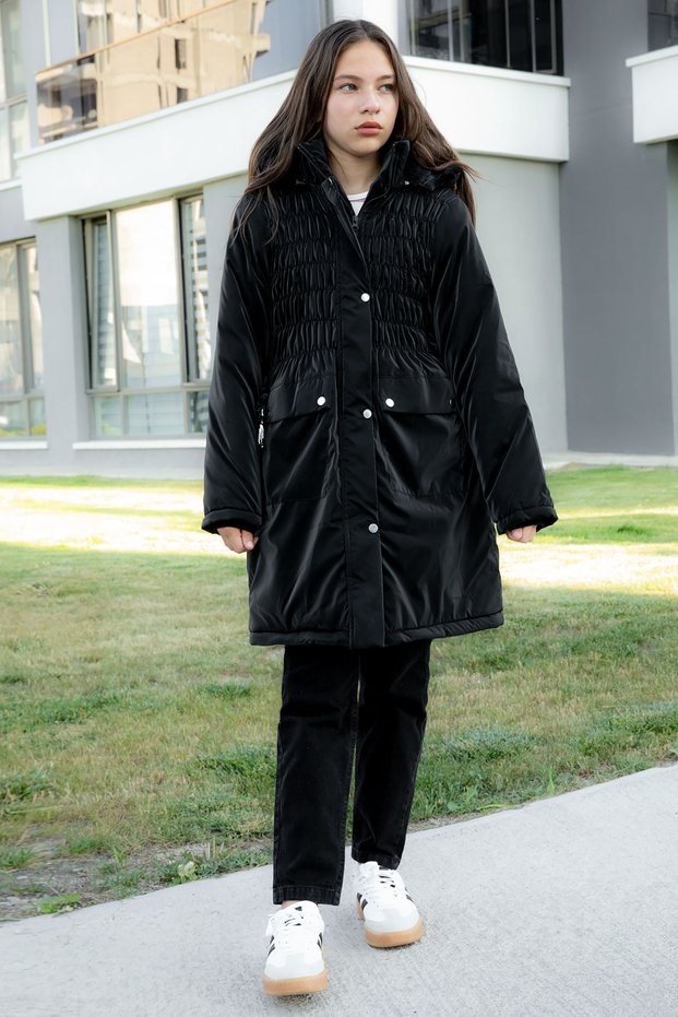 Black Belted Nubuck Fabric Girl's Fur Lined Hooded down Jacket 21311