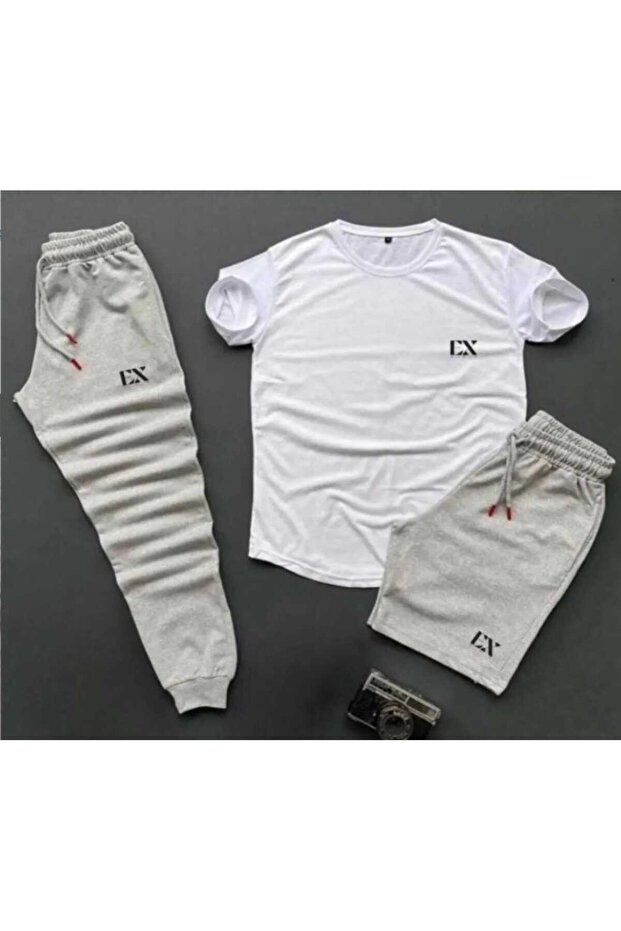 Men's / Women's White T-Shirt Gray Track Shorts Set Ex Printed
