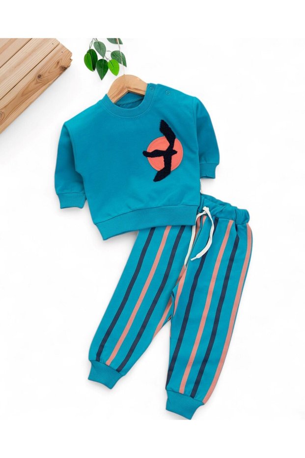 Baby Boy Seasonal Seagull Embroidered Sweatshirt, Striped Pants 2-Piece Bottom Top Set