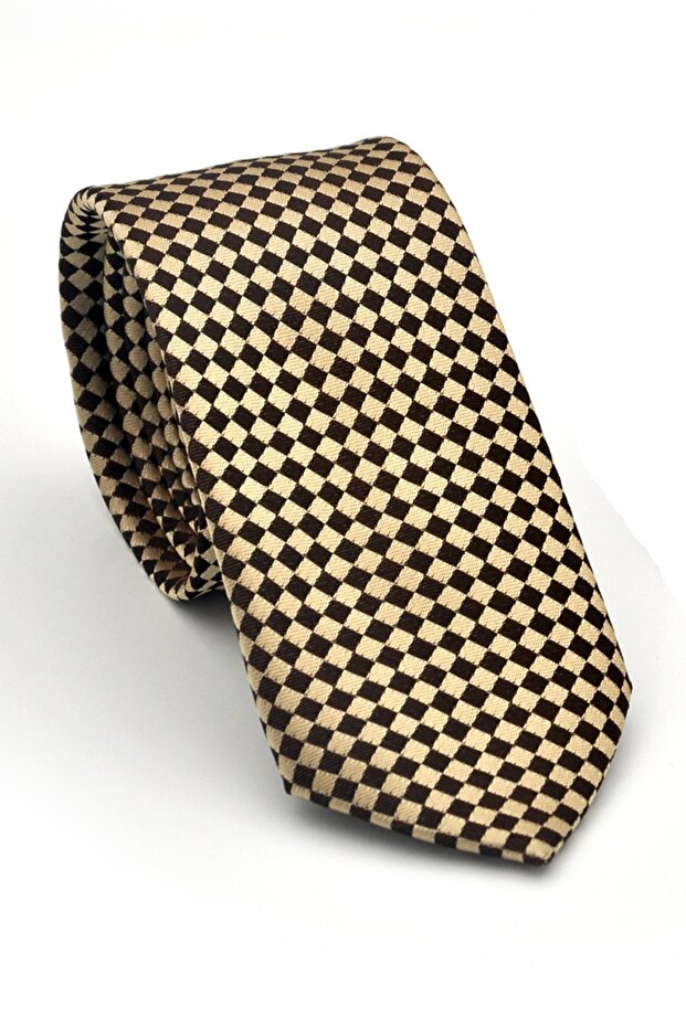 Brown Piti Square Patterned Beige Woven Fabric Slim Fit Tie with Handkerchief // Sdk-2503-5