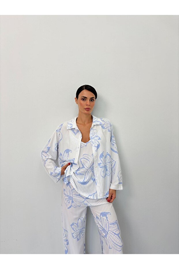 Blue Flower Pattern Adjustable Strap Cotton Undershirt - 7