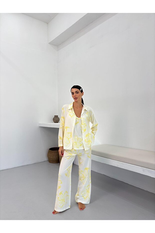 قميص داخلي قطني بنمط زهرة صفراء وحزام قابل للتعديل - 6