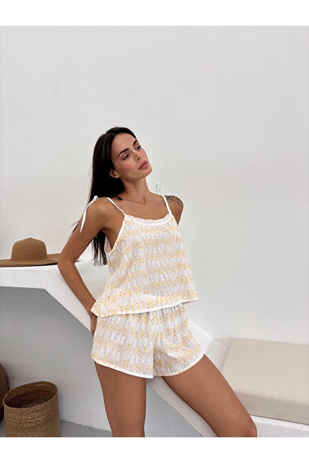Askısı Ayarlanabilir Şortlu Sarı Fisto Pijama Takımı - 2