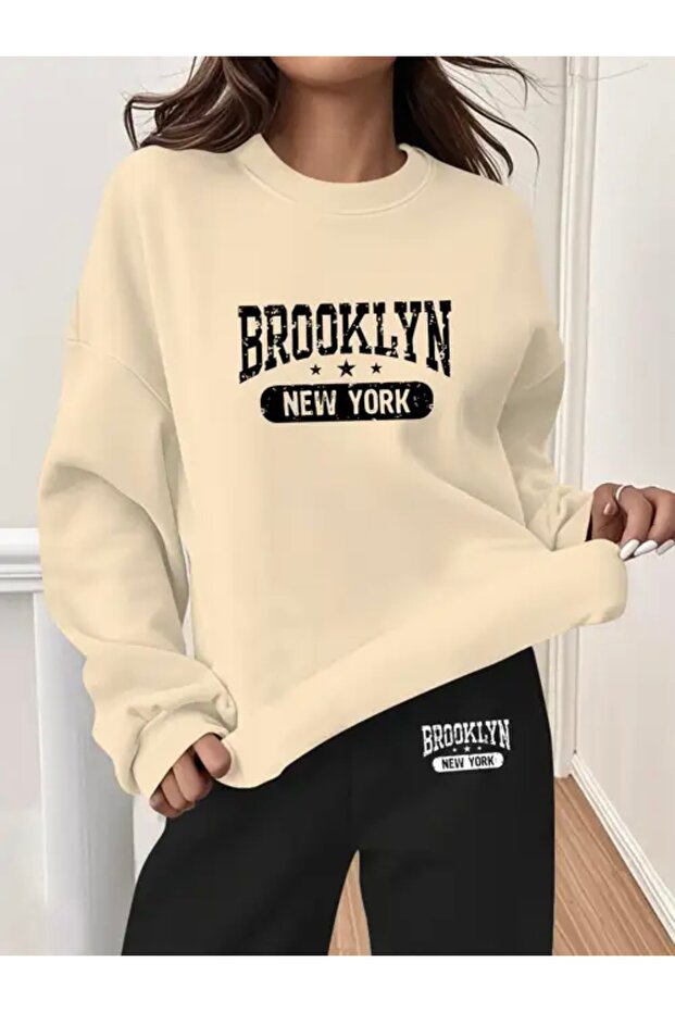 BROOKLYN NEW YORK PRINTED UNISEX OVERSIZED CREW NECK TOP/BOTTOM TRACKSUIT SET