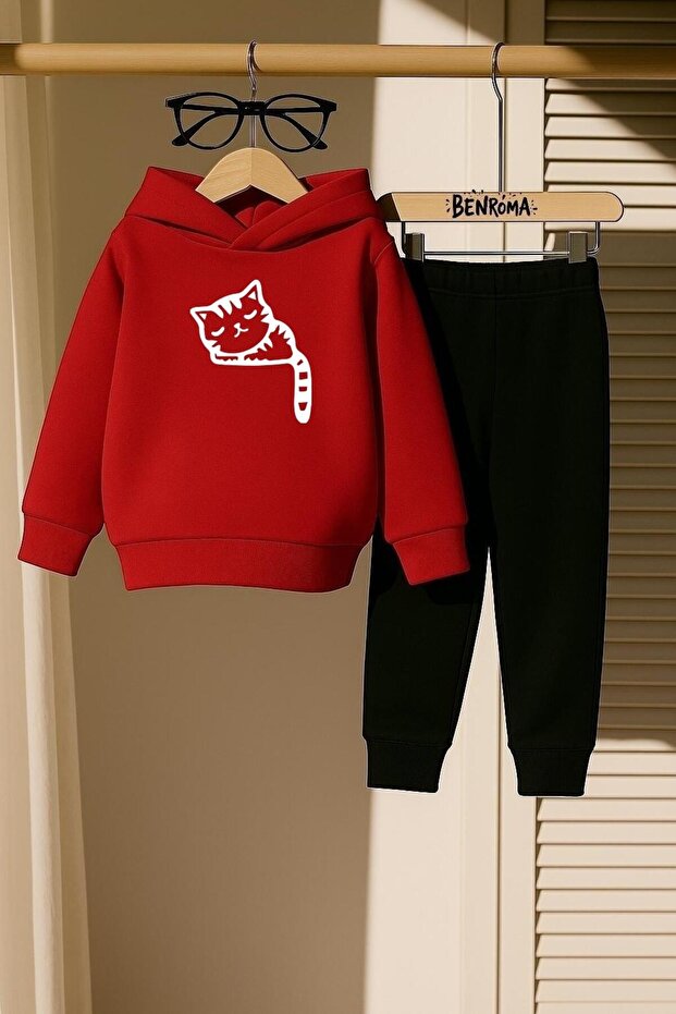 Cat Printed 3 Thread Children's Tracksuit Set