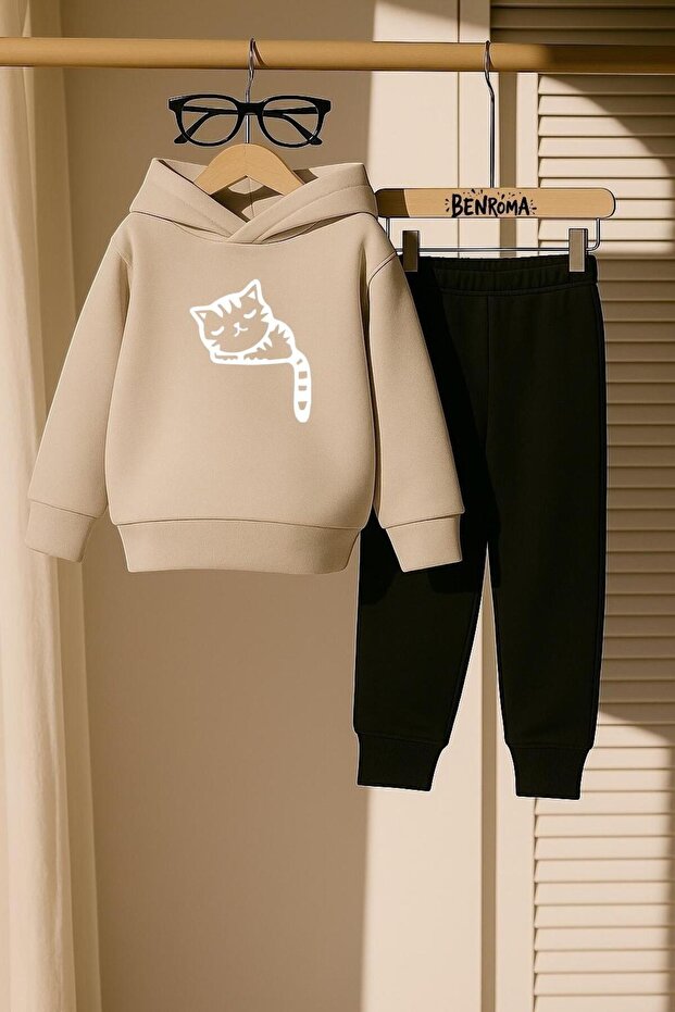 Cat Printed 3 Thread Children's Tracksuit Set