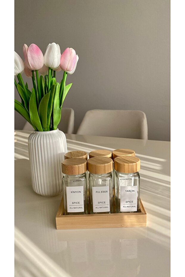 Glass Square Form Spice Rack Set with 6 Stands, Bamboo Lid and Label, Spice Rack Set with Spreader Head - 2