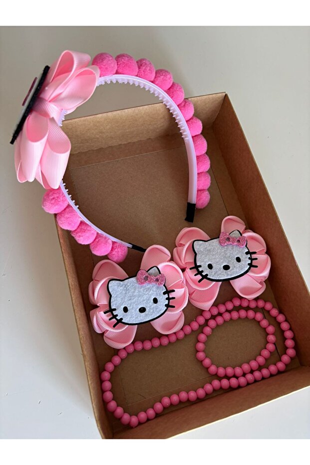 Pembe Hello Kitty Taç Toka Kolye Bileklik set - 2