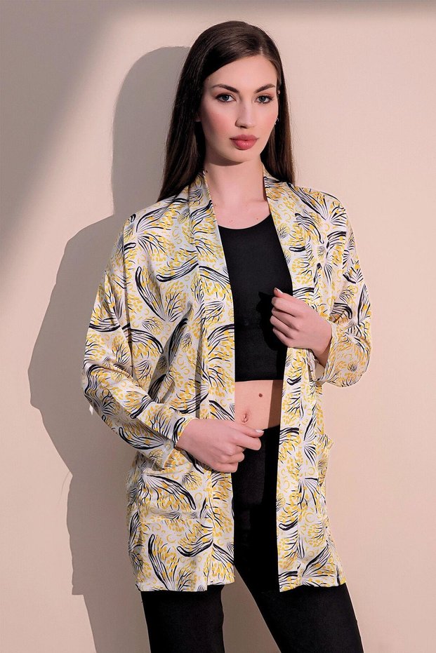 Women's Yellow Safari Pattern New Fashion Satin Double Pocket Loose Kimono Jacket - Suitable for Hijab