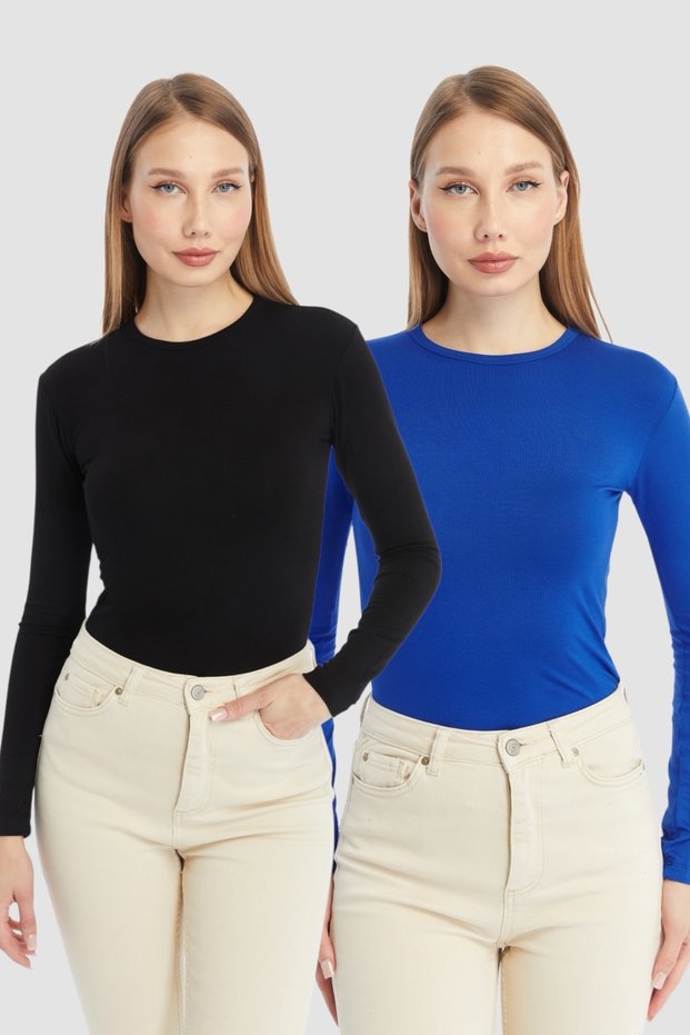 Women's Black Cobalt Blue Round Neck 2-Piece Bodysuit