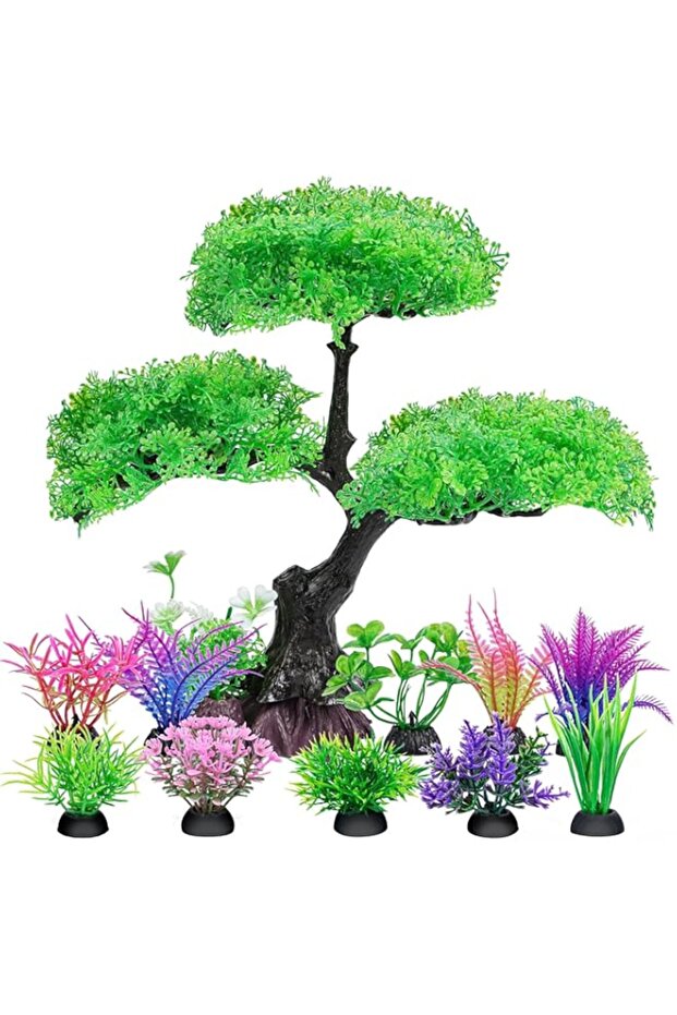 Aquarium Artificial Plastic Plants Decoration, Aquarium Tree Decor Set, Goldfish Betta Fish Tank Decorations Hides Accessories (Pink)