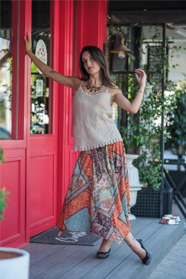Orange Color Ethnic Skirt with Elastic Waist and Drape Detail