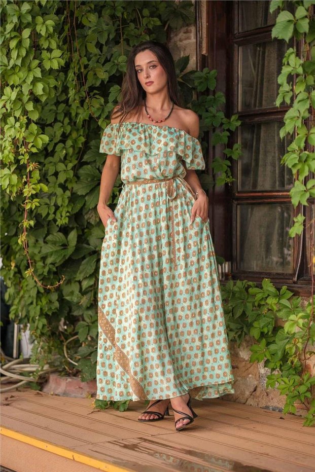 Green Color Madonna Collar Waist Tie Silk Dress