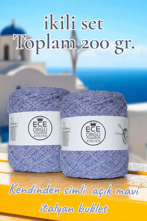 Açık mavi, kendinden gümüş simli italyan buklet yazlık el örgü ipi (200 gr.) - 1