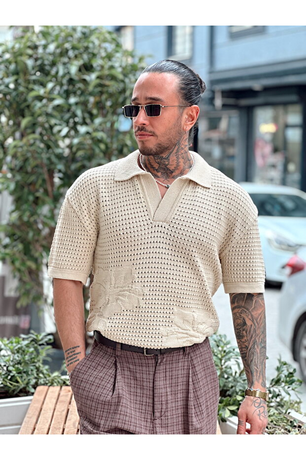 Perforated Embossed Embroidered Polo Neck Sweater