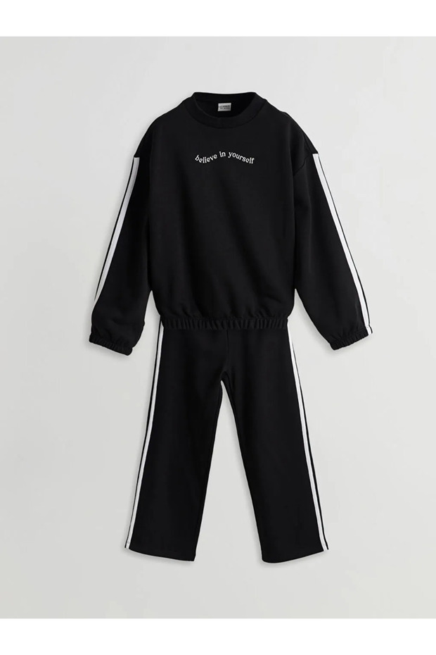 Lcw Kids Black Crew Neck Girls Tracksuit Set