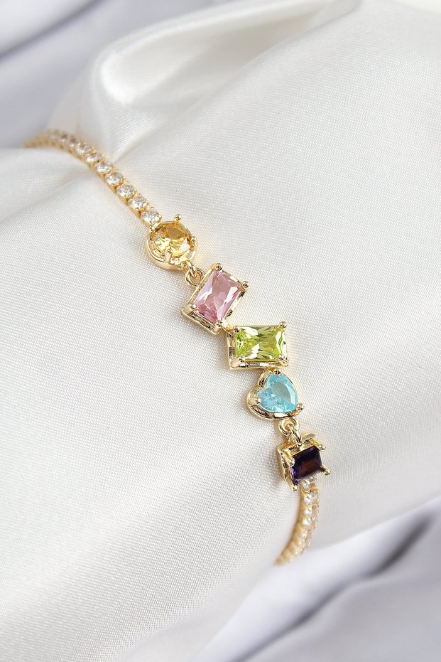 Brass Colorful Zircon Stone Geometric Model Gold Color Women's Bracelet Tj-Bb7689