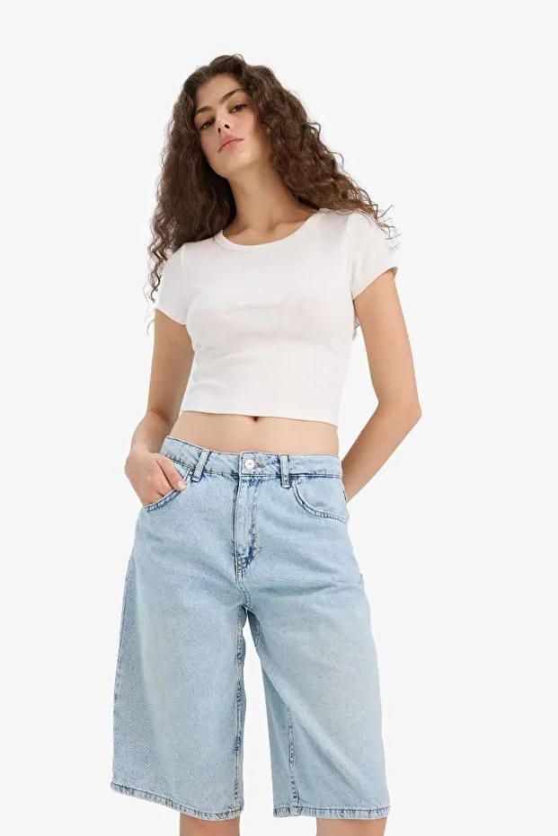 Yeni Sezon Yüksek Bel Jean Bermuda Şort - 5