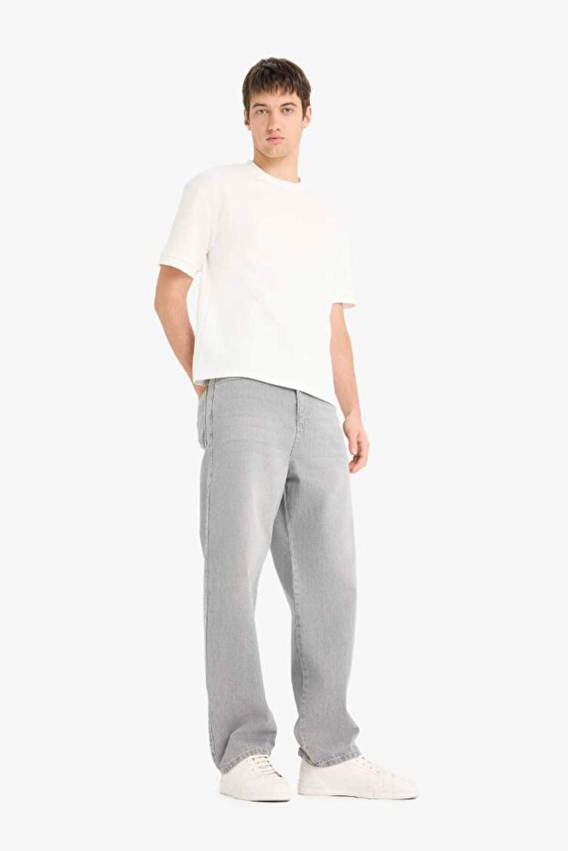 %100 Pamuk Baggy Fit Geniş Paça Jean Yıkamalı Pantolon F6670AX25SM - 2