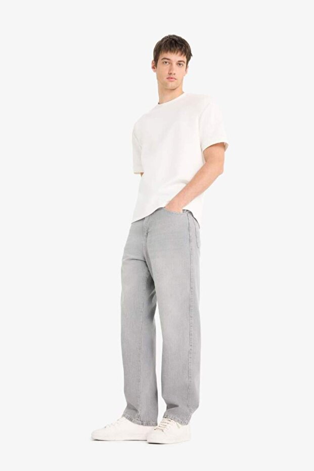 %100 Pamuk Baggy Fit Geniş Paça Jean Yıkamalı Pantolon F6670AX25SM - 4