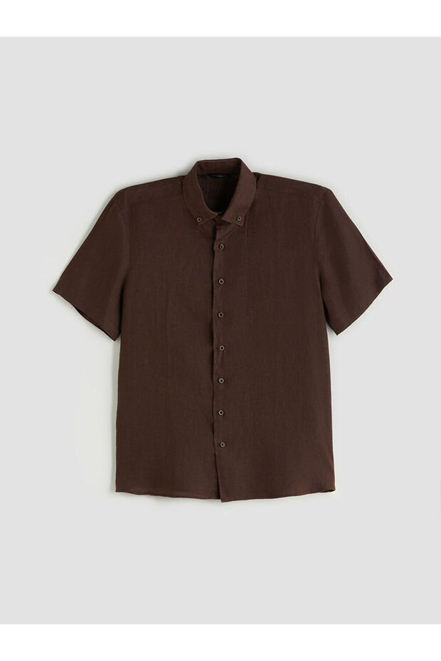 Regular Fit Kısa Kollu %100 Keten Erkek Gömlek - 5