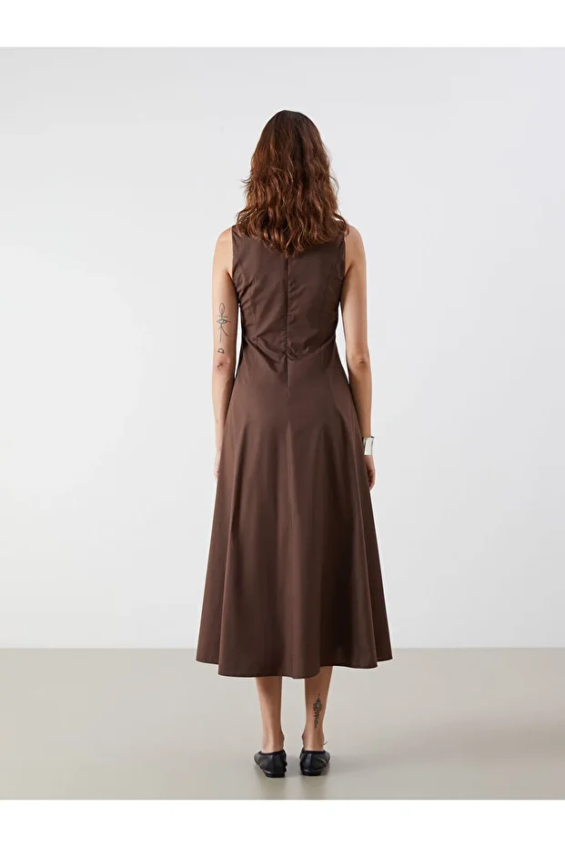 Bisiklet Yaka Poplin Belden Oturtmalı Elbise - 4