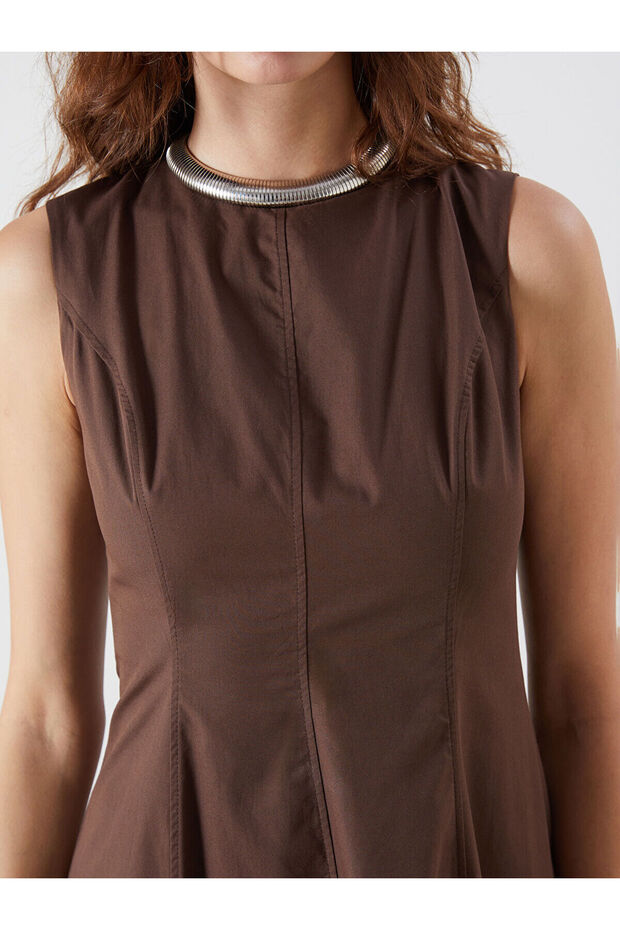 Bisiklet Yaka Poplin Belden Oturtmalı Elbise - 3