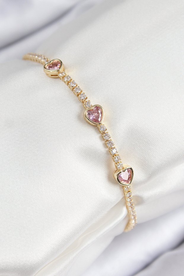 Brass Zircon Stone Pink Heart Model Gold Color Women's Bracelet - Tj-Bb7687