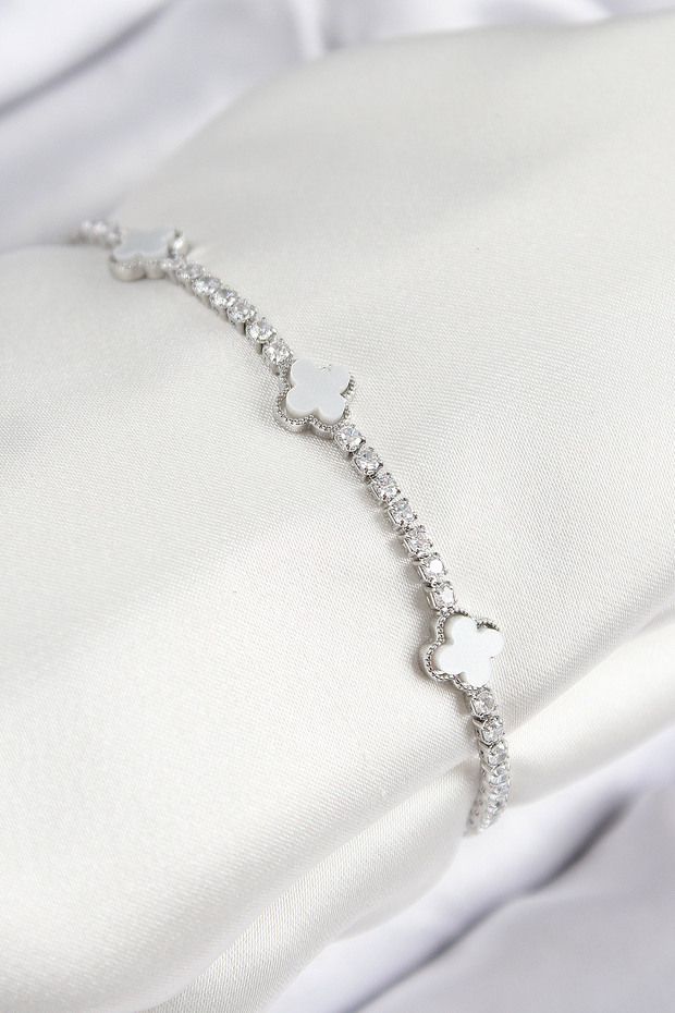 Brass Zircon Stone Clover Model Silver Color Women's Bracelet - Tj-Bb7702