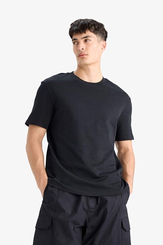 %100 Pamuk Regular Fit Bisiklet Yaka Basic Düz Kısa Kollu Tişört E7961AX25AU - 4