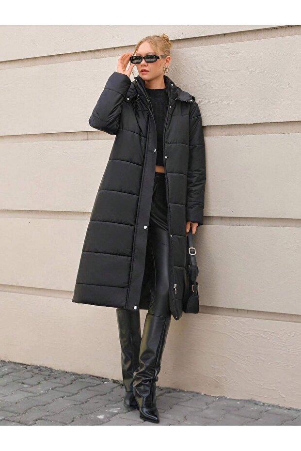 Ray Pattern Detachable Hood Long Women's Quilted Coat