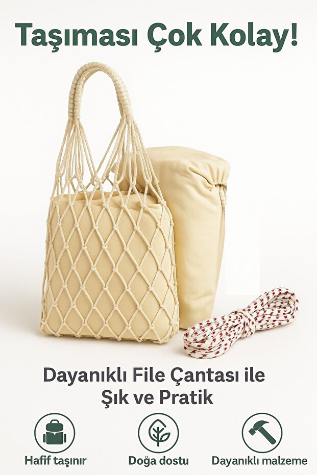 Taşınabilir File Çantalı Katlanabilir Salıncak Hamak Seti – 120x180 cm, 6 m İp Dahil, Bej Kumaş - 2
