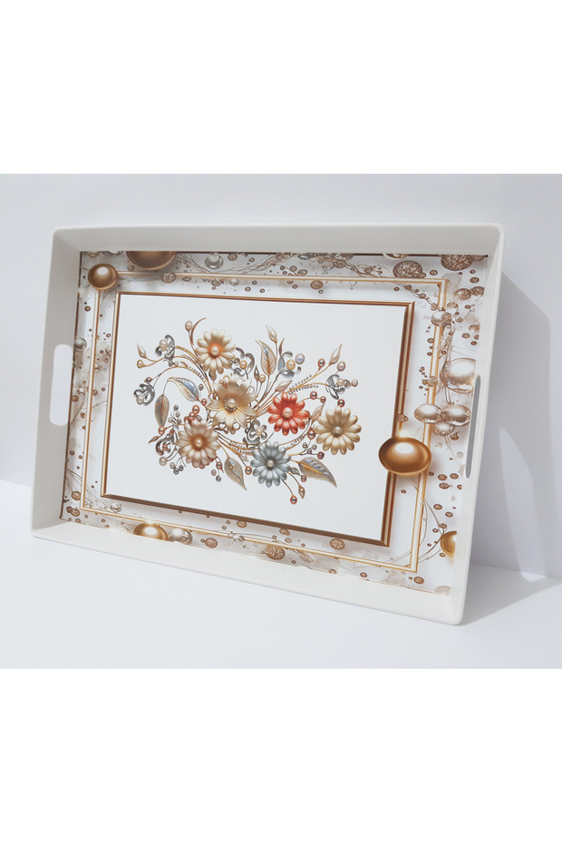Çay Tepsi 38X28X3.5 CM Desenli Plastik Dikdörtgen Çay Kahve Tepsisi Sunum Tepsi - 3