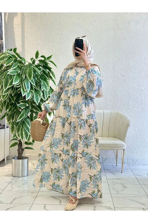Kadın Mimoza Desenli Tesettür Elbise - 5