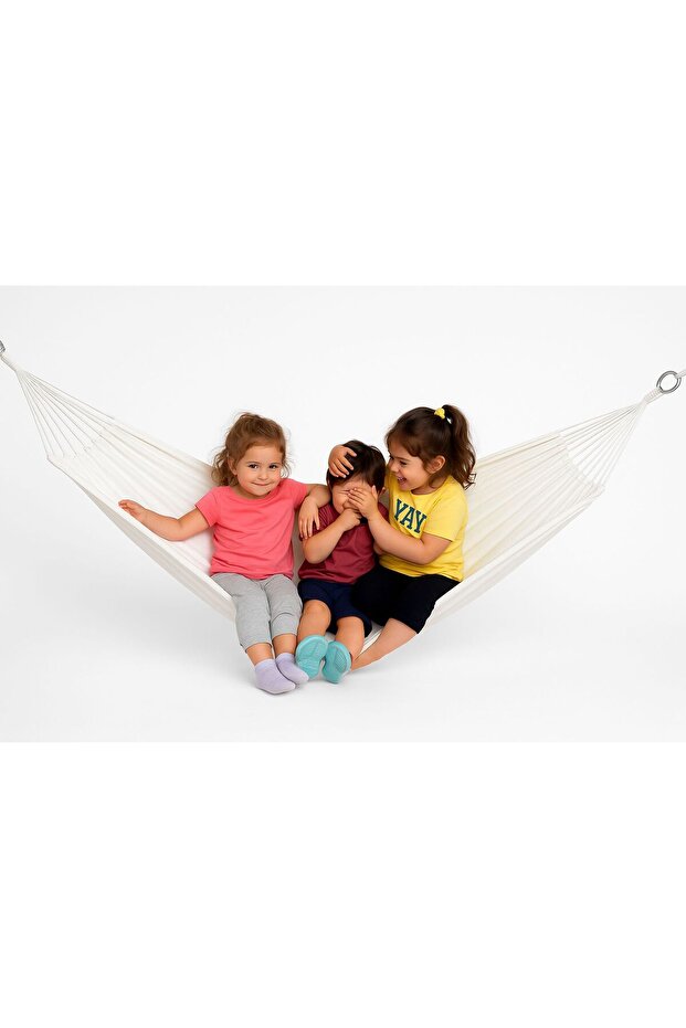 Taşınabilir File Çantalı Katlanabilir Salıncak Hamak Seti – 120x180 cm, 6 m İp Dahil, Bej Kumaş - 1