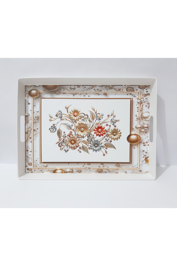 Çay Tepsi 38X28X3.5 CM Desenli Plastik Dikdörtgen Çay Kahve Tepsisi Sunum Tepsi - 2