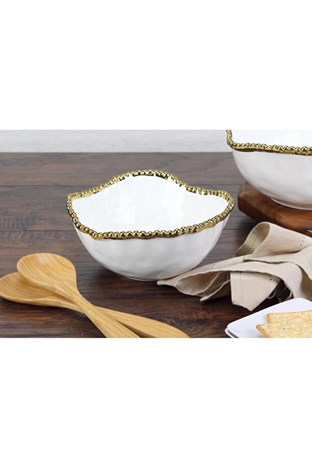Beth & Lily – Sienna White & Gold Beaded Ceramic Medium Salad Bowl | Luxury Tableware | UAE GCC Gift