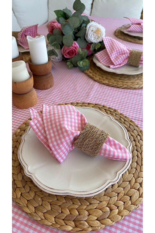 Iris 6 Pieces Gingham Stain-Resistant Pink Napkins