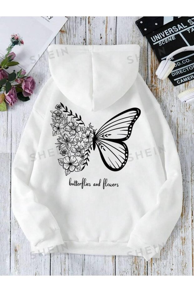 Children's Butterfly Flower Oversize Winter Hooded Sweatshirt Hoodie