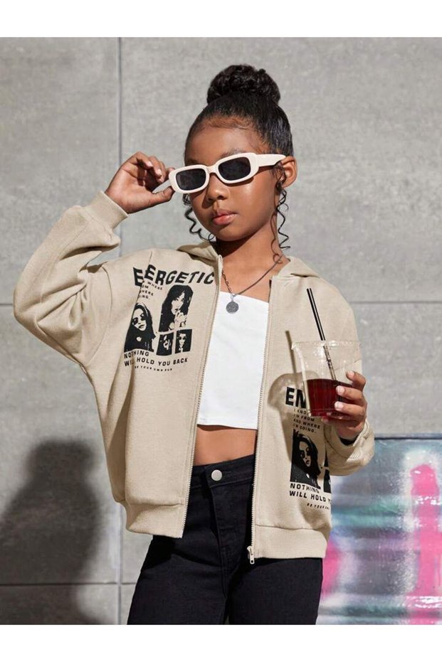 Children's Energetic Printed Oversize Hooded Cardigan Hoodie