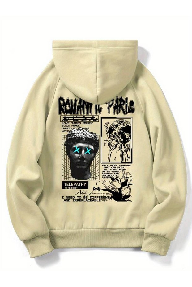 Unisex Romantic Paris Printed Oversized Winter 3 Thread 100% Cotton K Hooded Sweatshirt Hoodie