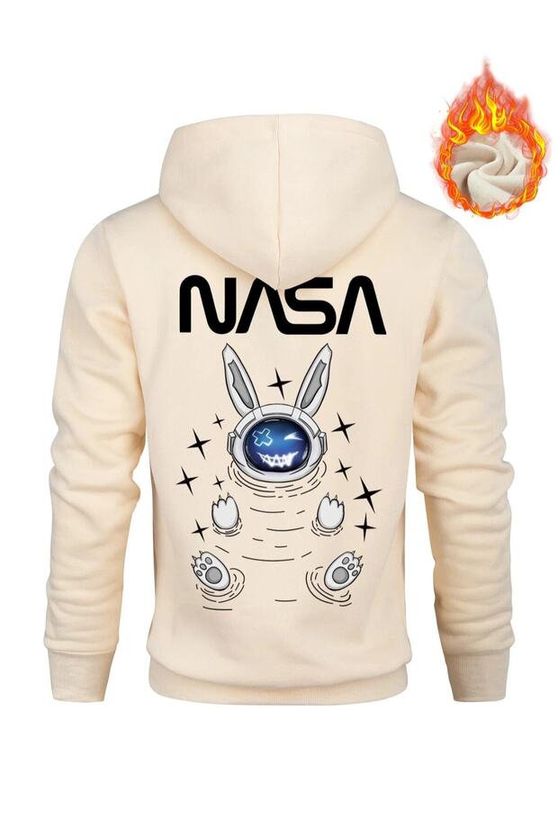 Plus Size Nasa - Astronaut Rabbit Back Print Detailed Oversize 3 Thread Pocket Hooded Sweatshirt