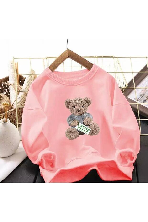 Kids Crew Neck Pink 'lacha Pelle' Teddy Bear Printed Sweatshirt