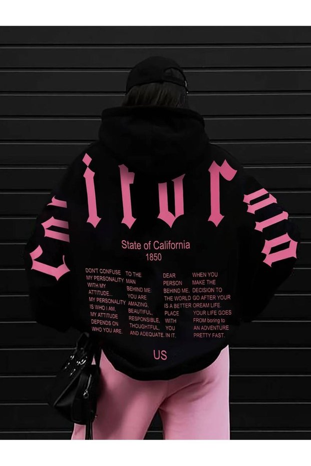 Unisex Large Size Black State Of Printed Hooded Oversize Sweatshirt Hoodie