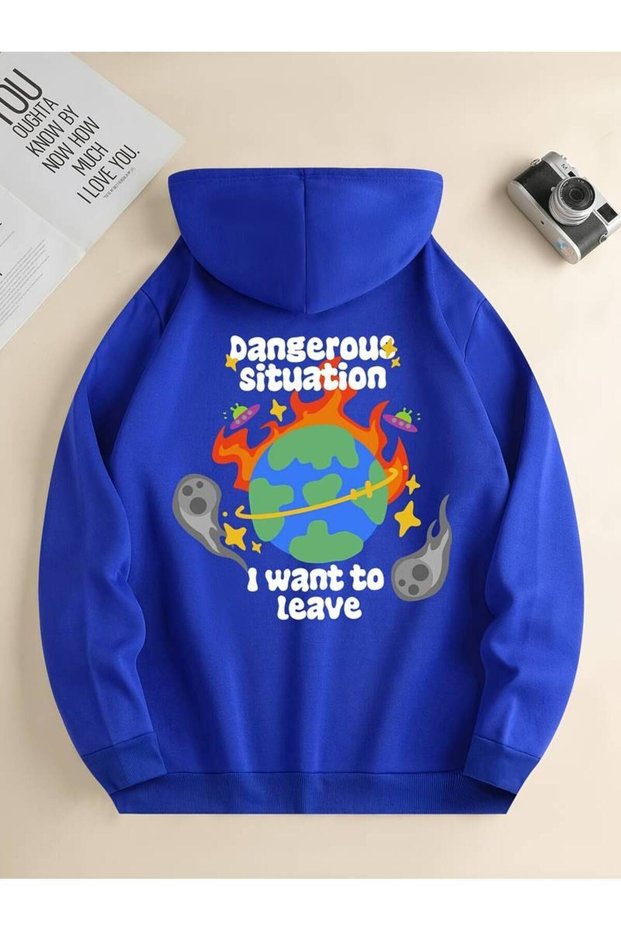 Unisex Dangerous Situation Printed Oversized Winter 3 Thread 100% Cotton K Hooded Sweatshirt Hoodie