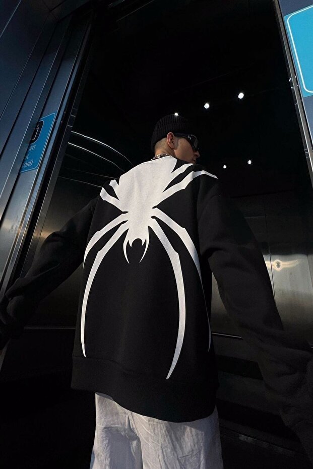 Plus Size Black 'spider' Big Back Printed Oversize Sweatshirt