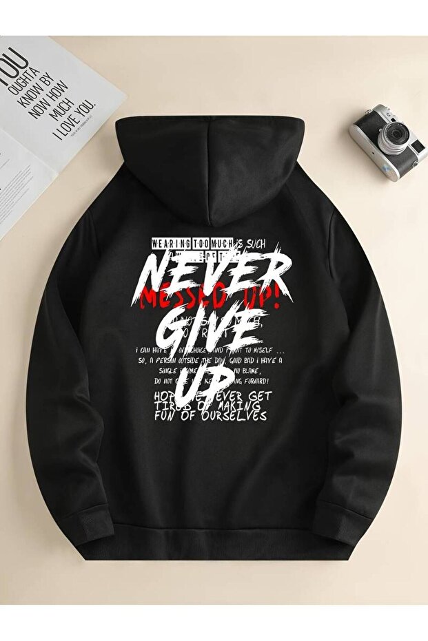 Unisex Never Give up Printed Oversized Winter 3 Thread 100% Cotton K Hooded Sweatshirt Hoodie