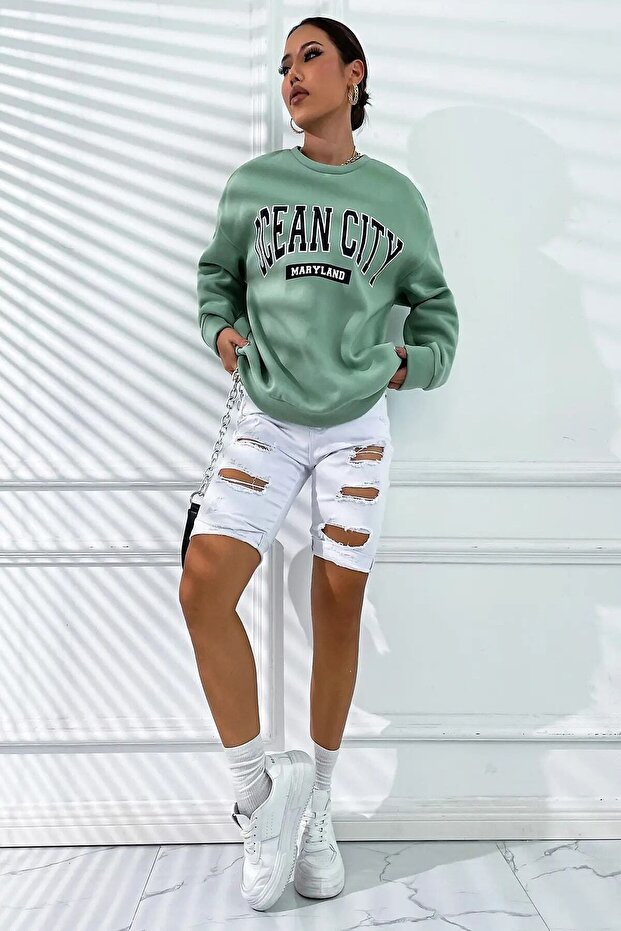Crew Neck Printed Sweatshirt Water Green