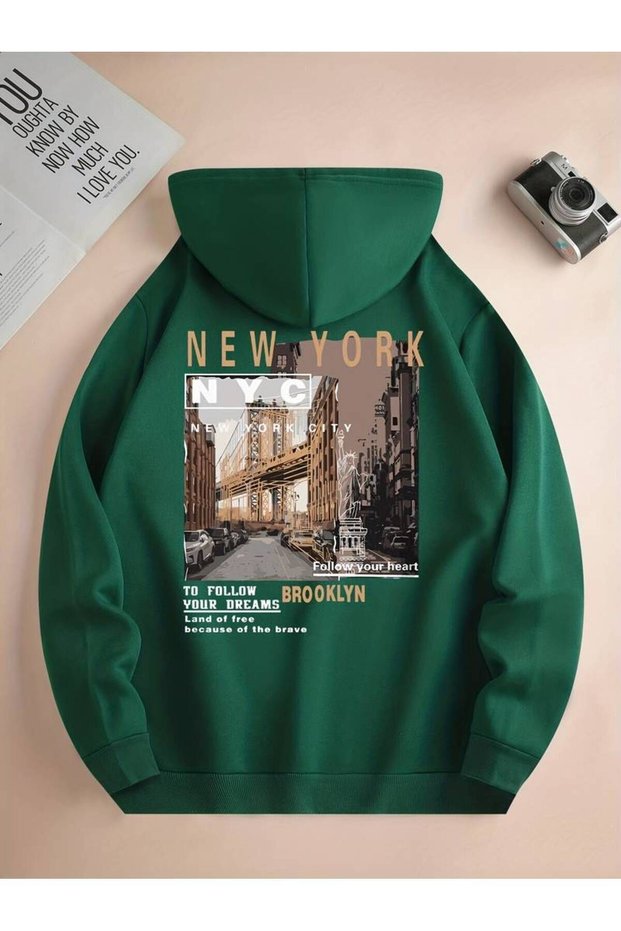 Unisex New York Printed Oversize Winter 3 Thread 100% Cotton Hooded Sweatshirt Hoodie