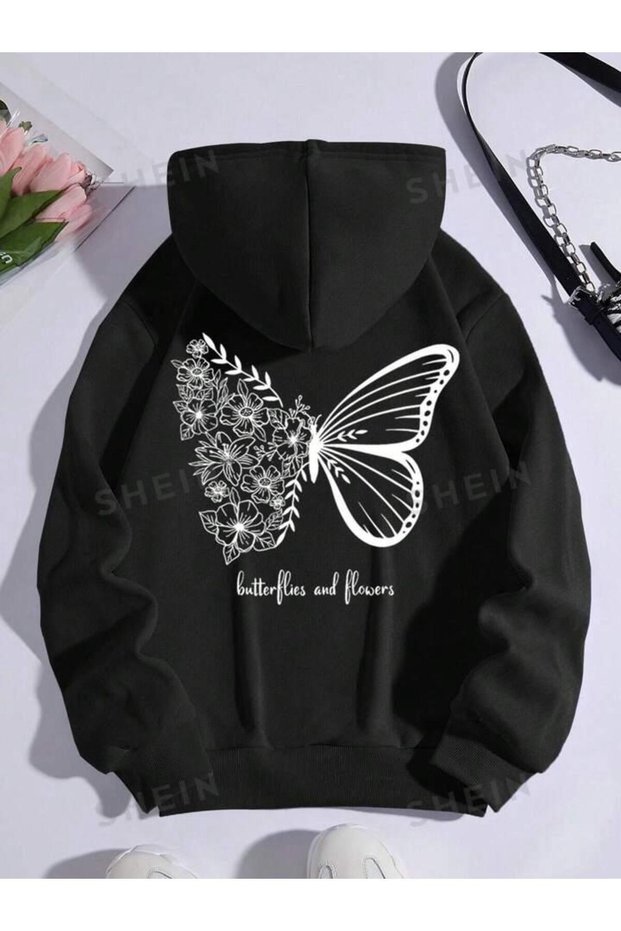 Children's Butterfly Flower Oversize Winter Hooded Sweatshirt Hoodie